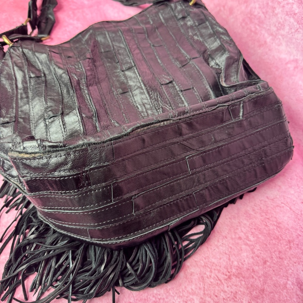 261. Black Boho Leather Fringe Tote Bag Large Slouchy Shoulder Bag - Picture 5 of 8